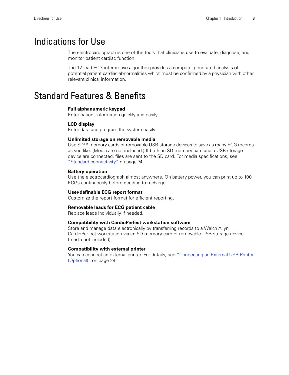 Indications for use, Standard features & benefits, Indications for use standard features & benefits | Welch Allyn CP 100 12-Lead Resting Electrocardiograph - User Manual User Manual | Page 7 / 90