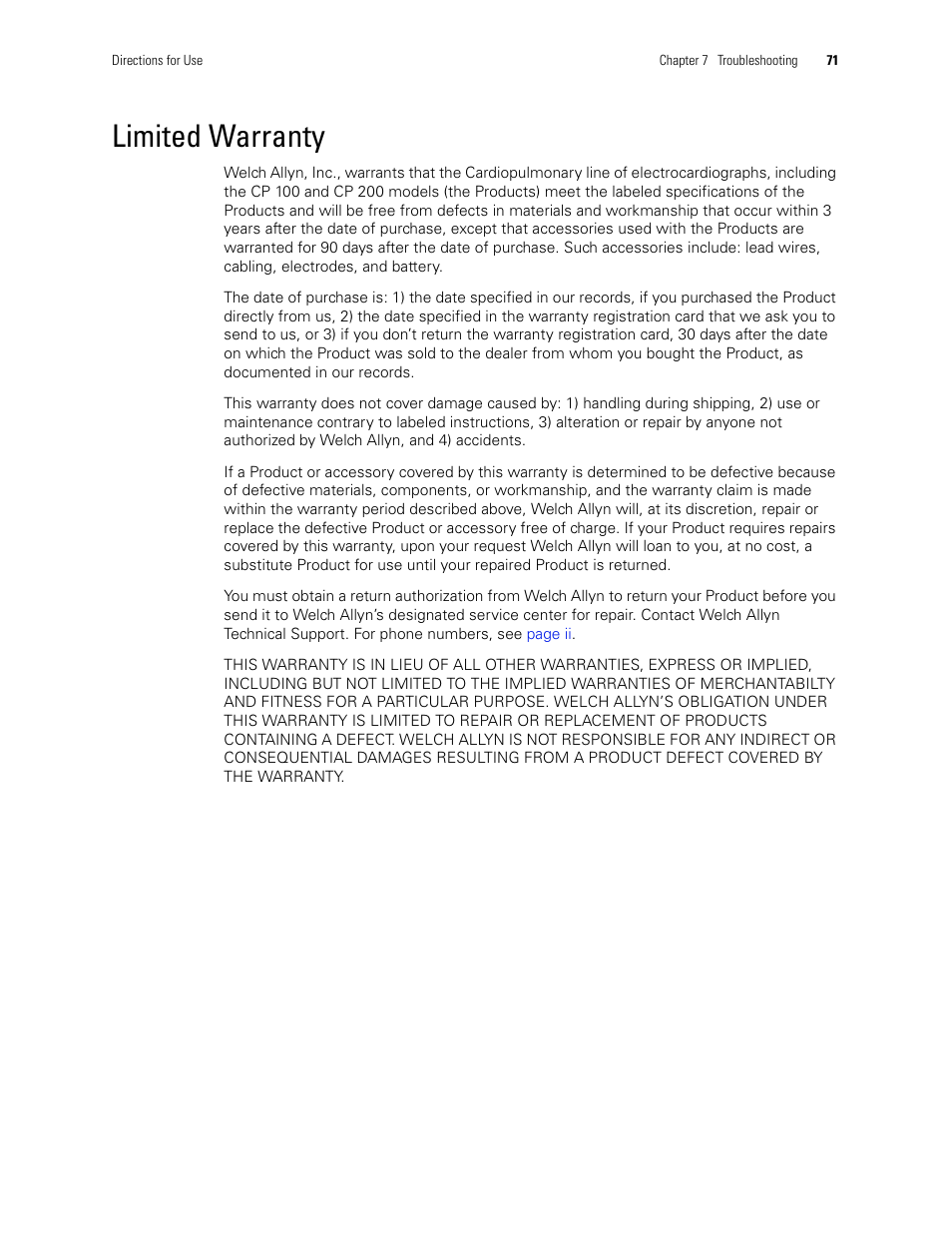 Limited warranty | Welch Allyn CP 100 12-Lead Resting Electrocardiograph - User Manual User Manual | Page 75 / 90