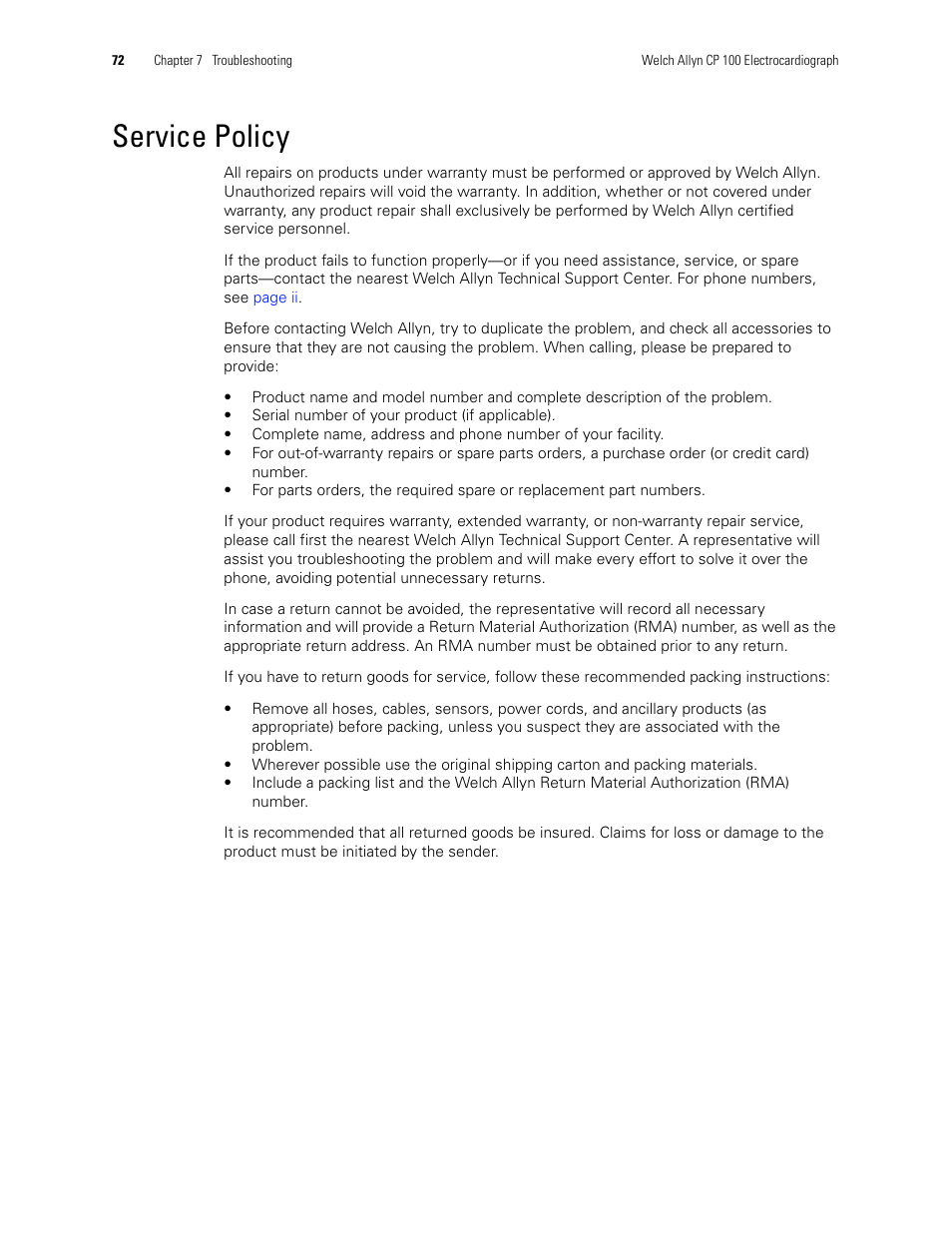 Service policy | Welch Allyn CP 100 12-Lead Resting Electrocardiograph - User Manual User Manual | Page 76 / 90