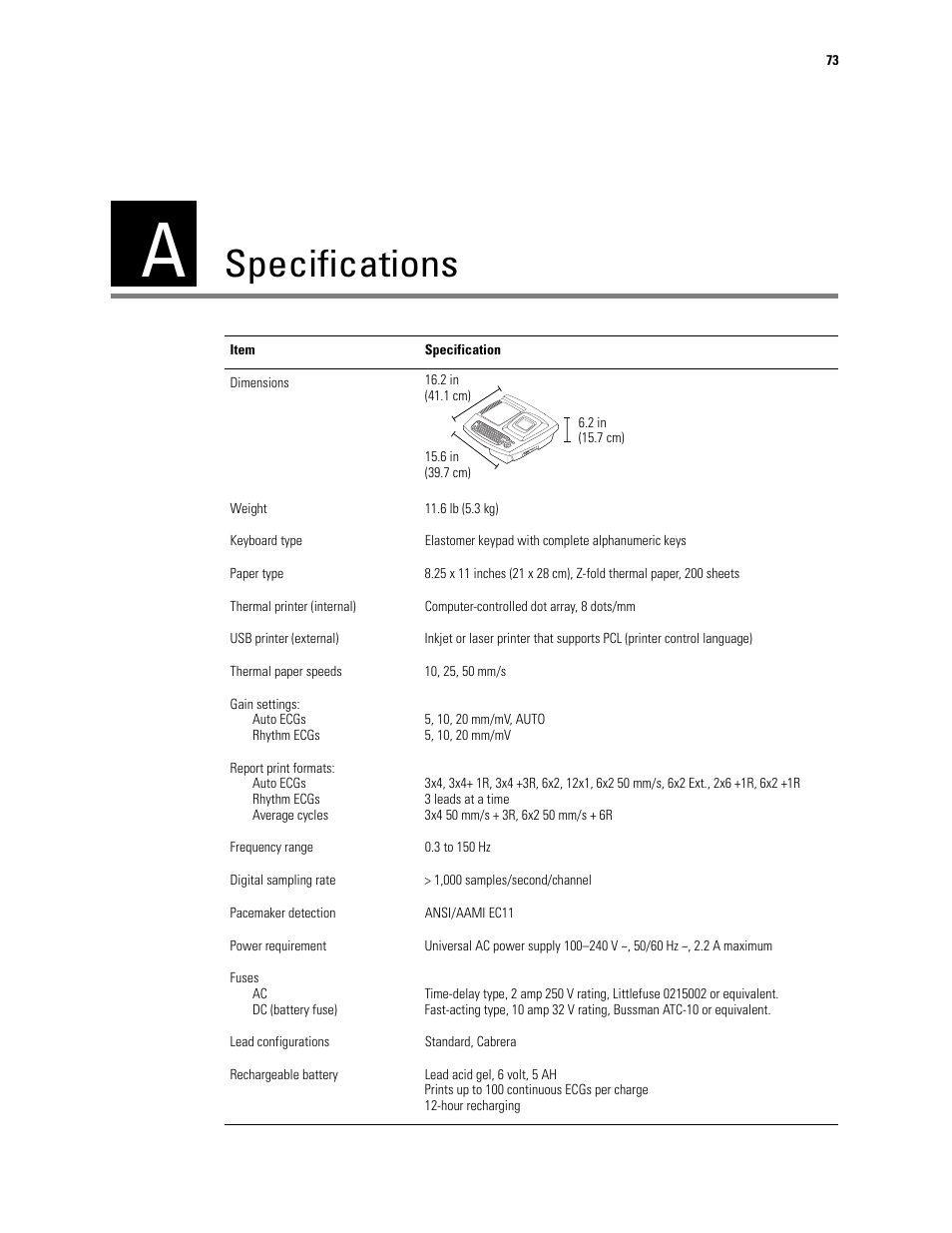 Specifications, A - specifications, Fuses | Welch Allyn CP 100 12-Lead Resting Electrocardiograph - User Manual User Manual | Page 77 / 90
