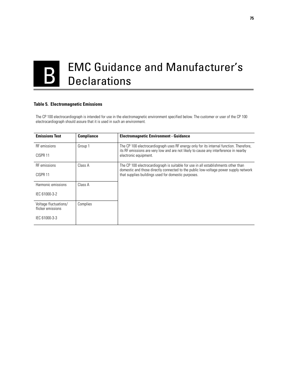 Emc guidance and manufacturer’s declarations, B - emc guidance and manufacturer’s declarations, Emc guidance | And manufacturer’s declarations, Guidance and manufacturer’s declarations | Welch Allyn CP 100 12-Lead Resting Electrocardiograph - User Manual User Manual | Page 79 / 90