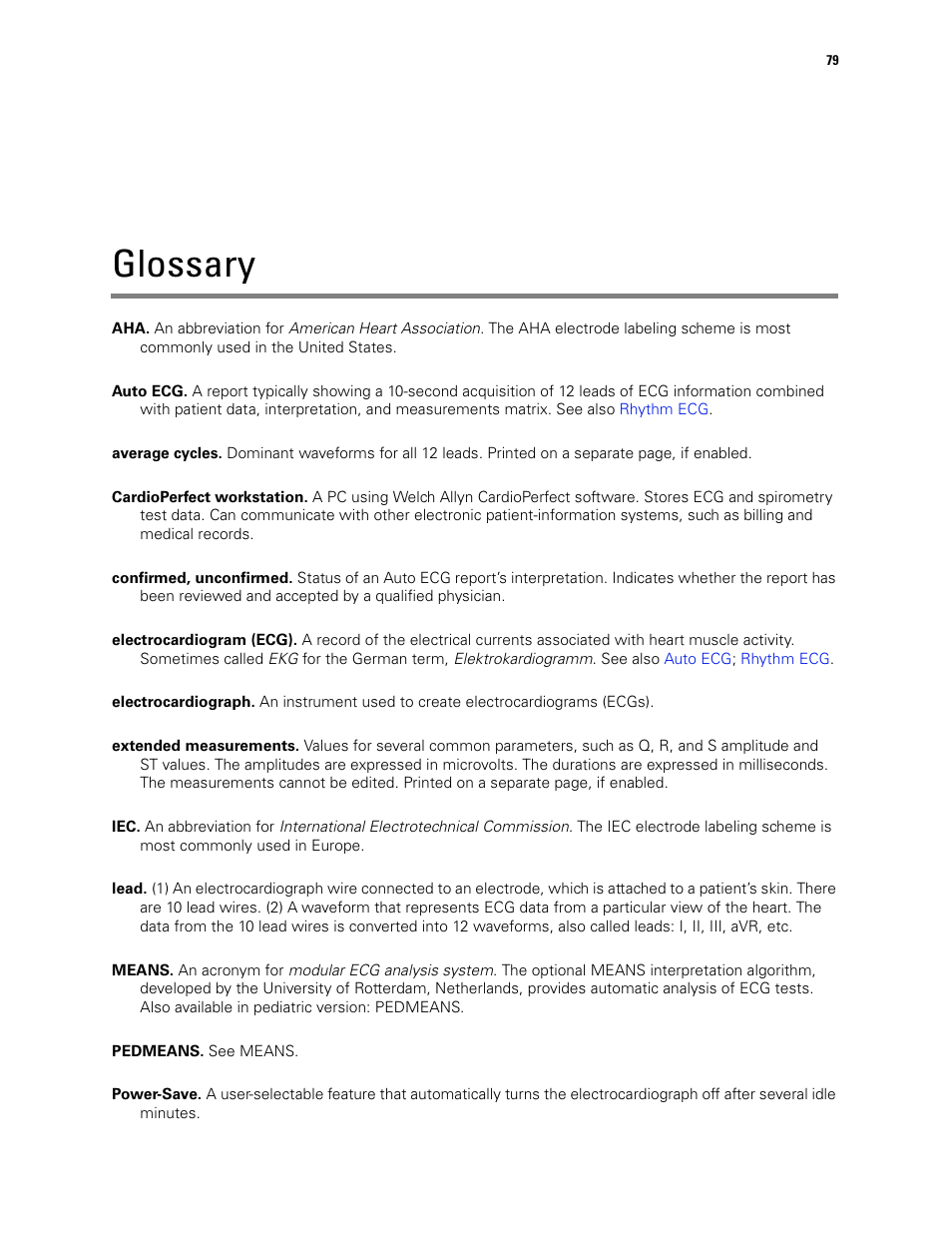 Glossary | Welch Allyn CP 100 12-Lead Resting Electrocardiograph - User Manual User Manual | Page 83 / 90