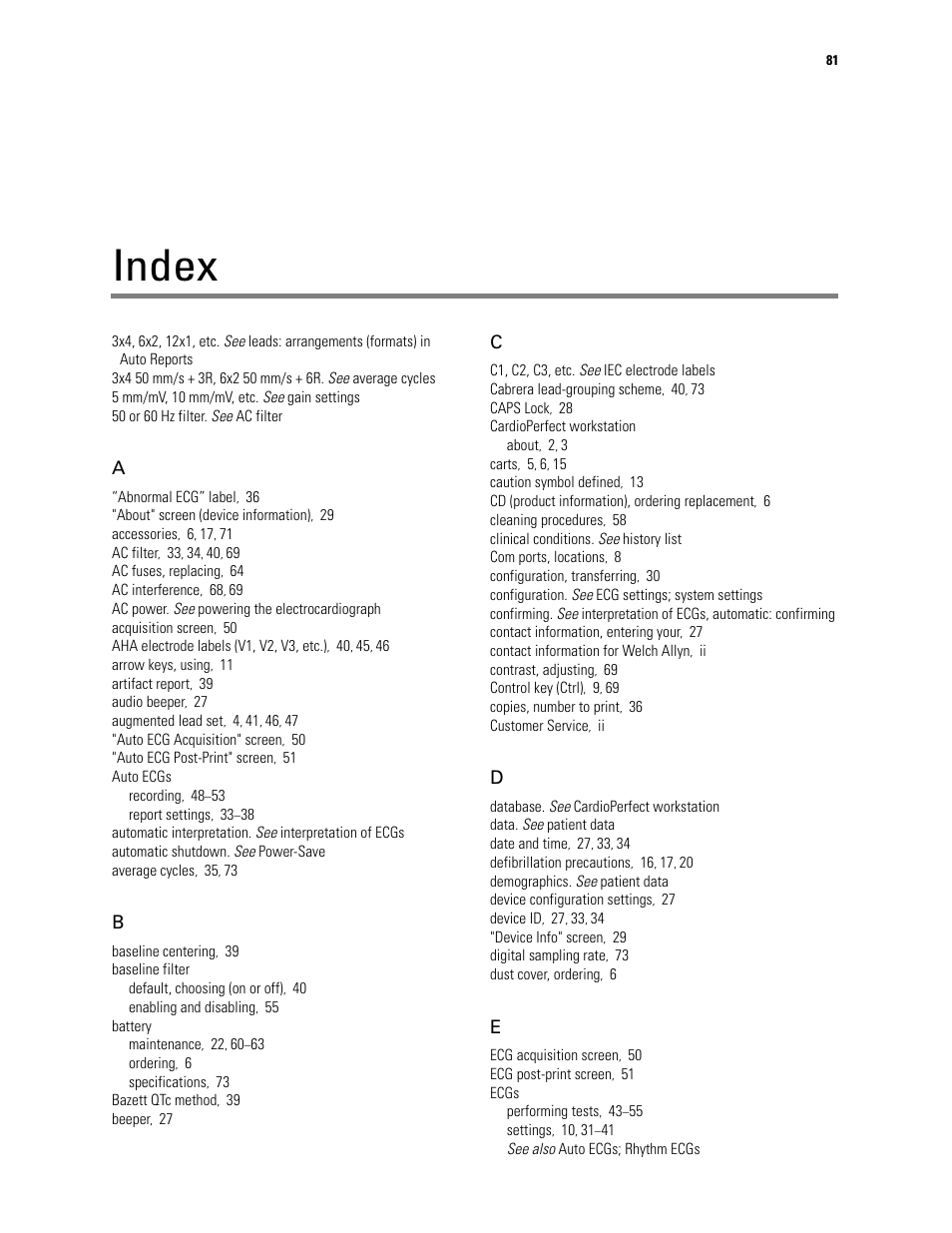 Index | Welch Allyn CP 100 12-Lead Resting Electrocardiograph - User Manual User Manual | Page 85 / 90