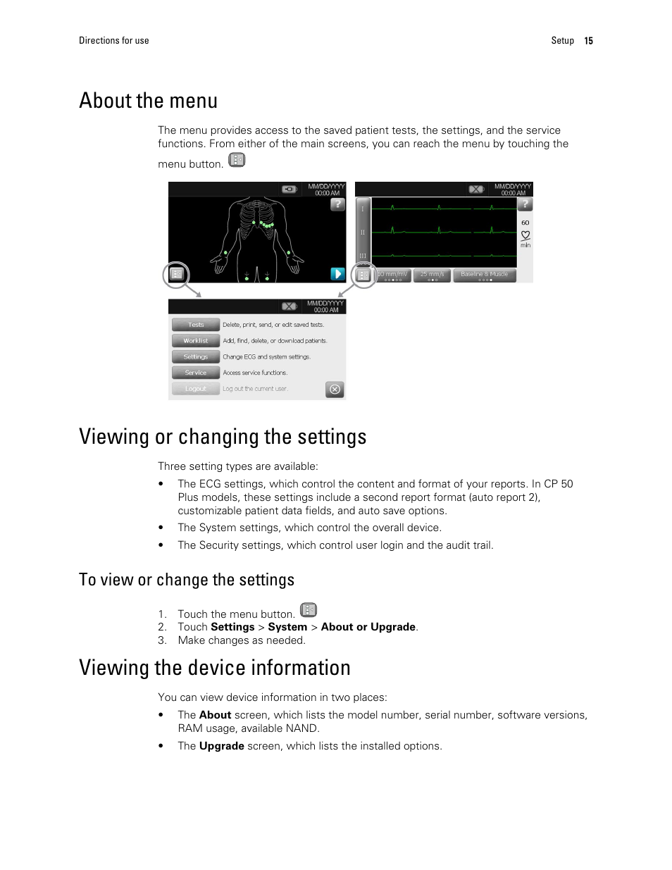 About the menu, Viewing or changing the settings, To view or change the settings | Viewing the device information | Welch Allyn CP 50 Plus 12-lead resting electrocardiograph - User Manual User Manual | Page 19 / 52