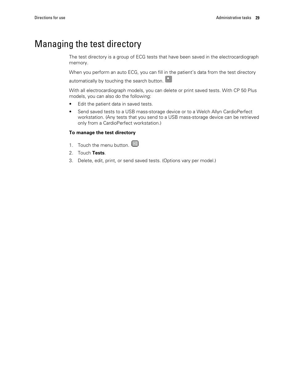 Managing the test directory | Welch Allyn CP 50 Plus 12-lead resting electrocardiograph - User Manual User Manual | Page 33 / 52