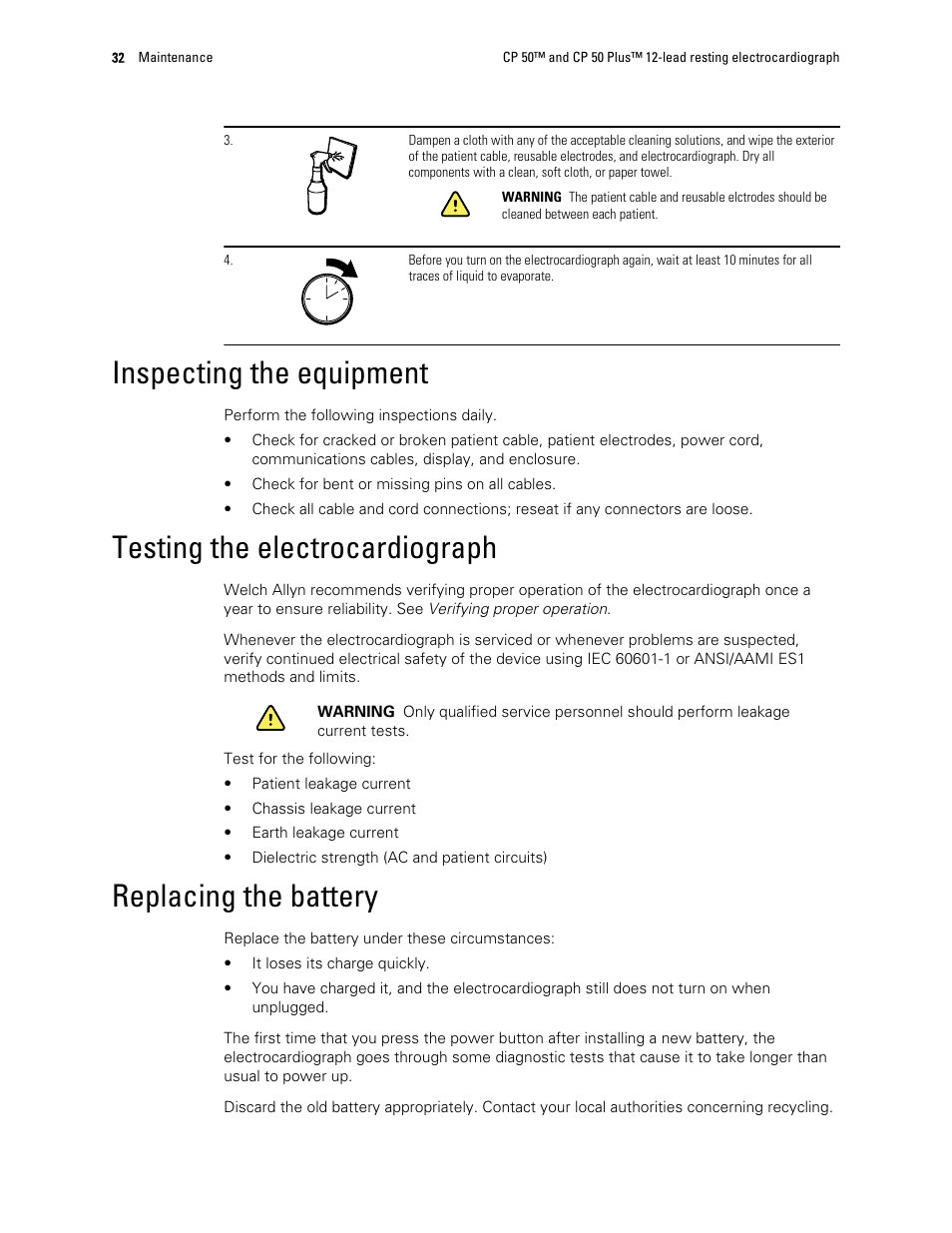 Inspecting the equipment, Testing the electrocardiograph, Replacing the battery | Welch Allyn CP 50 Plus 12-lead resting electrocardiograph - User Manual User Manual | Page 36 / 52