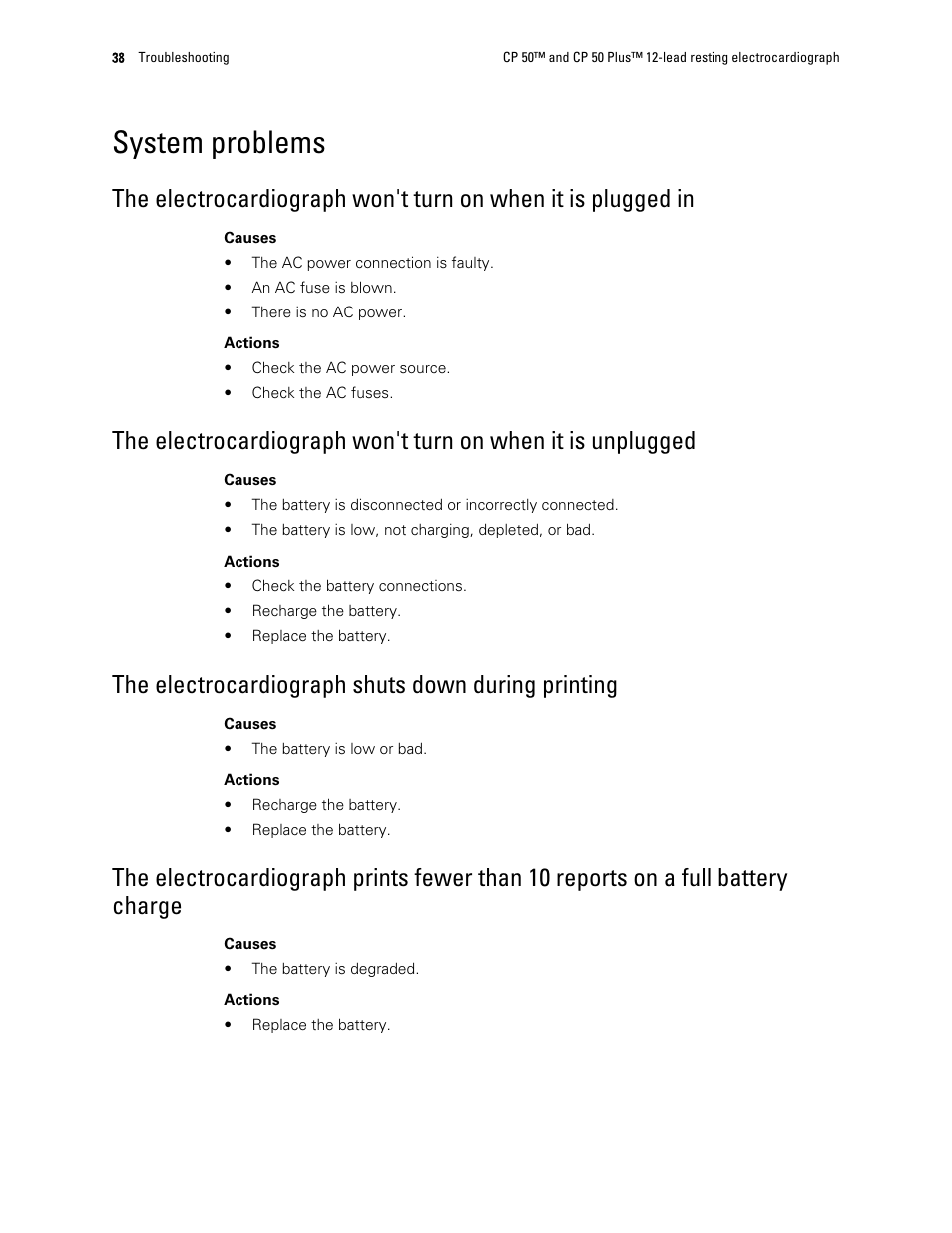 System problems, The electrocardiograph shuts down during printing | Welch Allyn CP 50 Plus 12-lead resting electrocardiograph - User Manual User Manual | Page 42 / 52