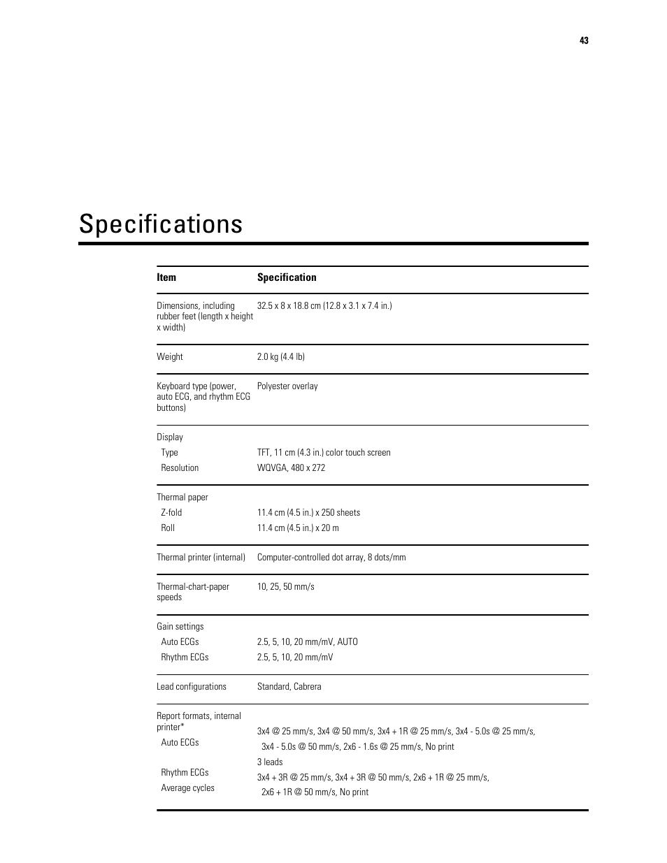 Specifications | Welch Allyn CP 50 Plus 12-lead resting electrocardiograph - User Manual User Manual | Page 47 / 52