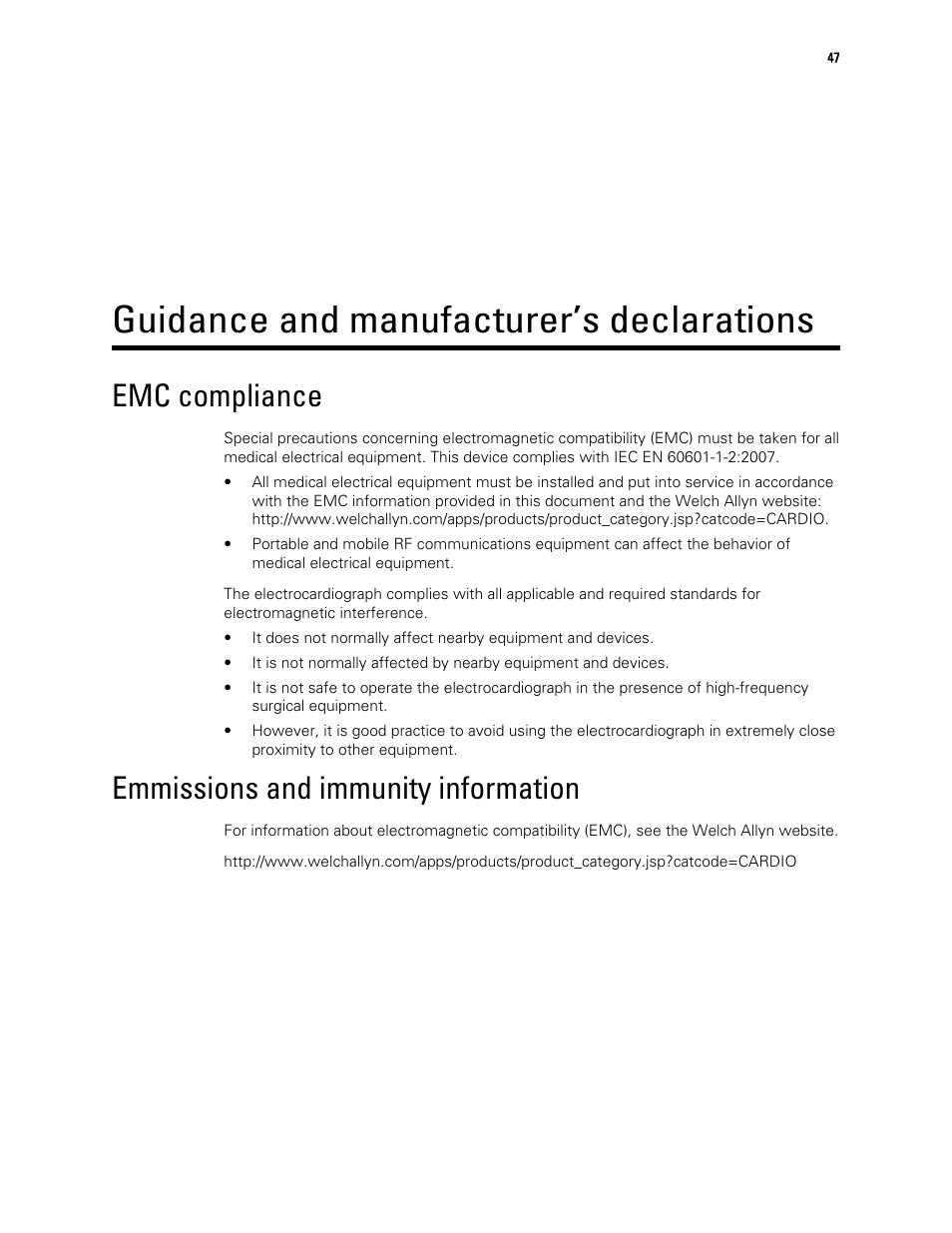 Guidance and manufacturer’s declarations, Emc compliance, Emmissions and immunity information | Welch Allyn CP 50 Plus 12-lead resting electrocardiograph - User Manual User Manual | Page 51 / 52