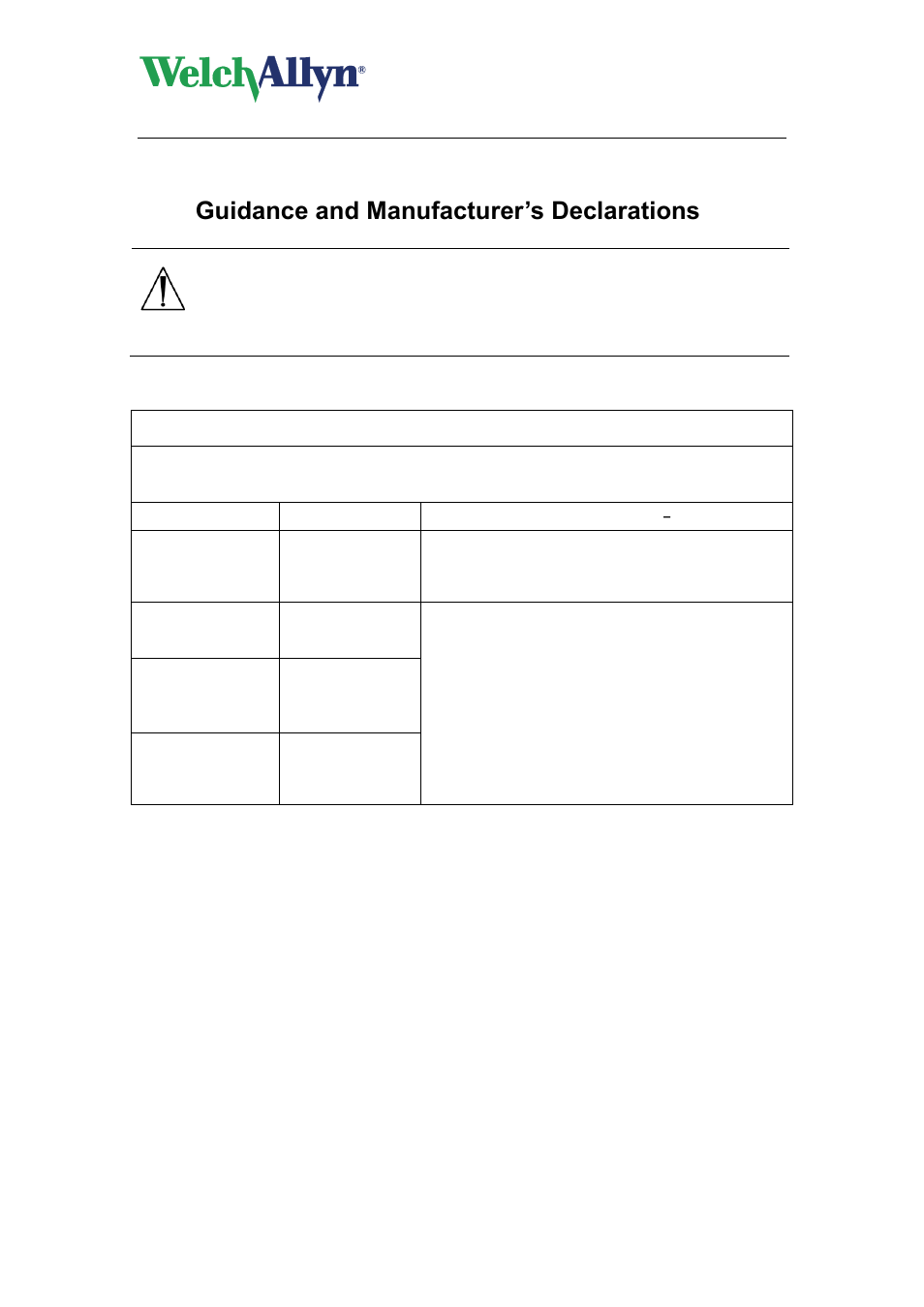 Guidance and manufacturer’s declarations, Guidance and, Manufacturer’s declarations | Caution, Electromagnetic emissions | Welch Allyn CardioPerfect Workstation Exercise ECG Module - User Manual User Manual | Page 73 / 83