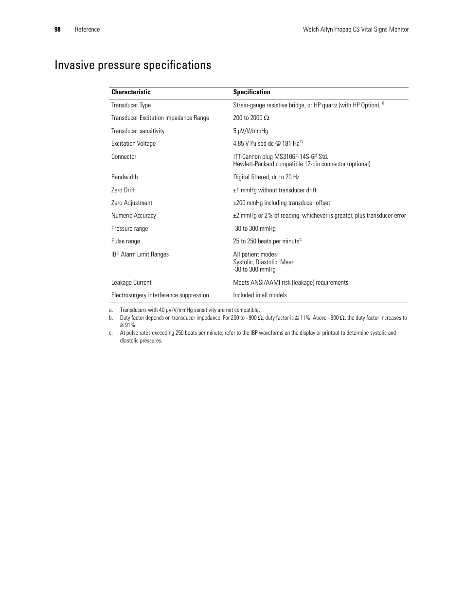 Invasive pressure specifications | Welch Allyn 246 Propaq CS Vital Signs Monitor v.3.7X - User Manual User Manual | Page 102 / 130