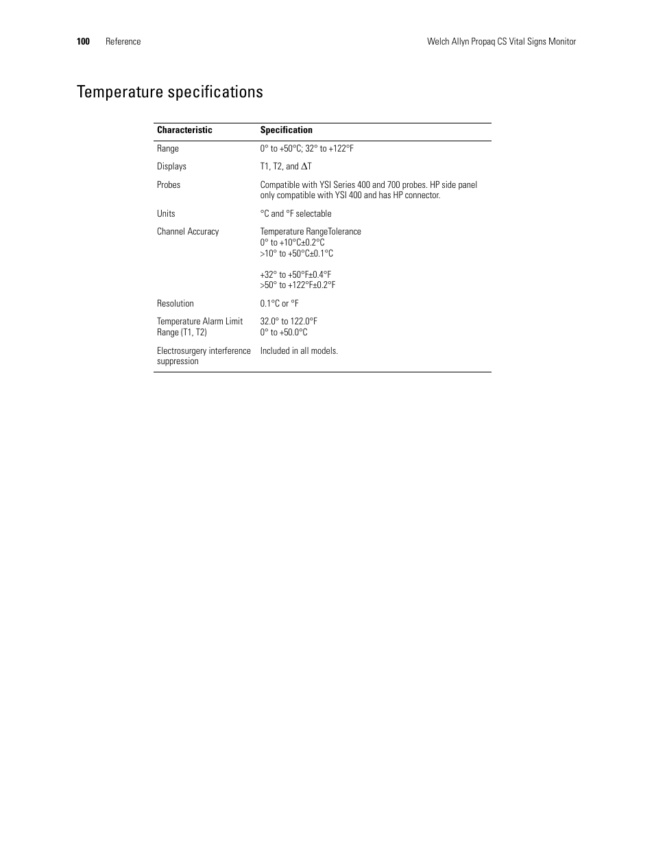 Temperature specifications | Welch Allyn 246 Propaq CS Vital Signs Monitor v.3.7X - User Manual User Manual | Page 104 / 130