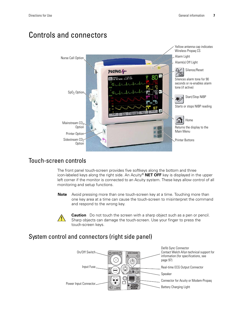 Controls and connectors, Touch-screen controls, System control and connectors (right side panel) | Welch Allyn 246 Propaq CS Vital Signs Monitor v.3.7X - User Manual User Manual | Page 11 / 130