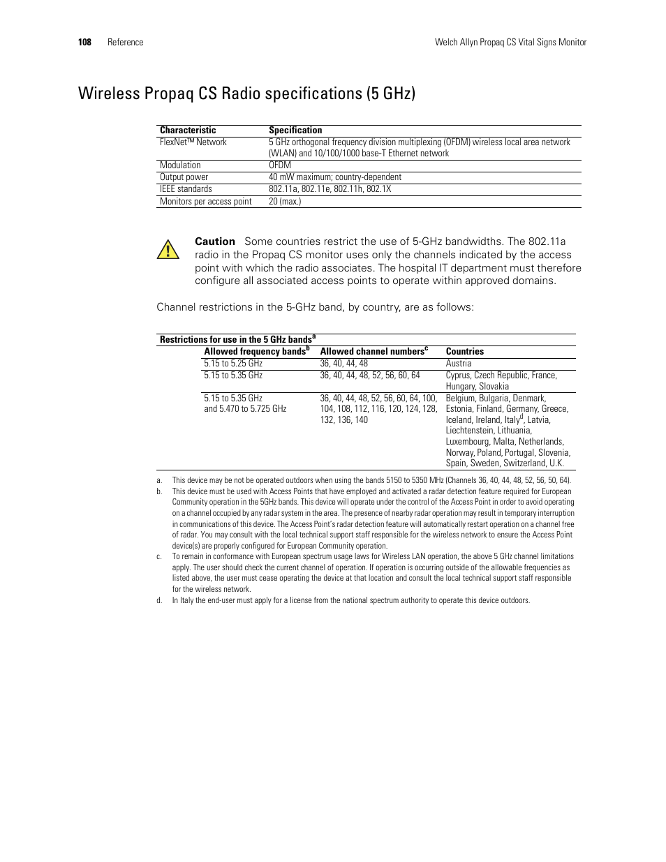 Wireless propaq cs radio specifications (5 ghz) | Welch Allyn 246 Propaq CS Vital Signs Monitor v.3.7X - User Manual User Manual | Page 112 / 130