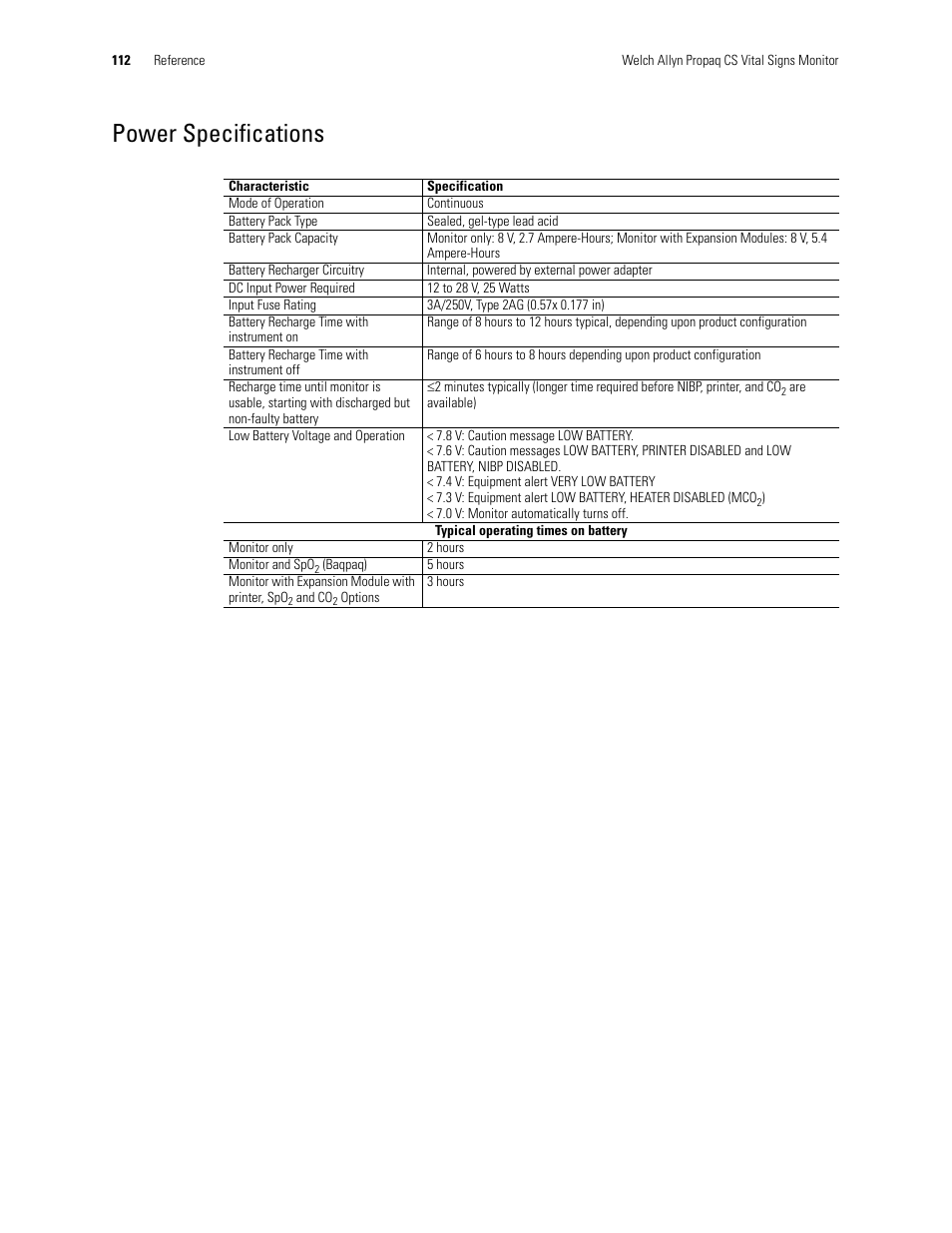 Power specifications | Welch Allyn 246 Propaq CS Vital Signs Monitor v.3.7X - User Manual User Manual | Page 116 / 130