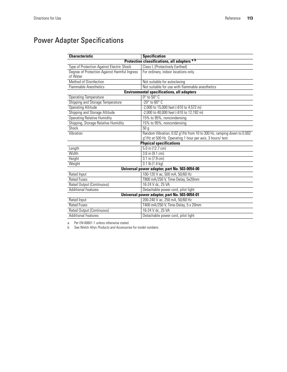 Power adapter, Specifications, Power adapter specifications | Welch Allyn 246 Propaq CS Vital Signs Monitor v.3.7X - User Manual User Manual | Page 117 / 130