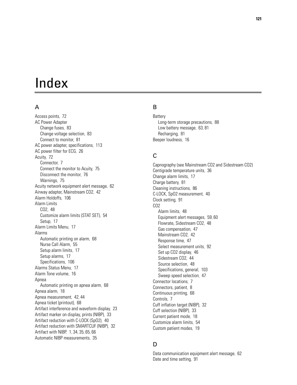 Index | Welch Allyn 246 Propaq CS Vital Signs Monitor v.3.7X - User Manual User Manual | Page 125 / 130