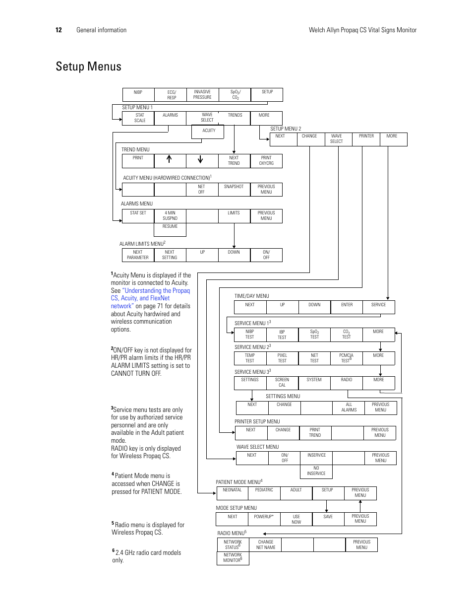 Setup menus, Radio menu is displayed for wireless propaq cs, 4 ghz radio card models only | Welch Allyn 246 Propaq CS Vital Signs Monitor v.3.7X - User Manual User Manual | Page 16 / 130