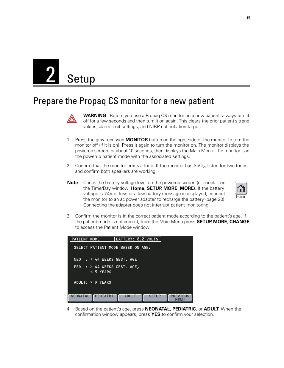 Setup, Prepare the propaq cs monitor for a new patient, 2 - setup | Welch Allyn 246 Propaq CS Vital Signs Monitor v.3.7X - User Manual User Manual | Page 19 / 130