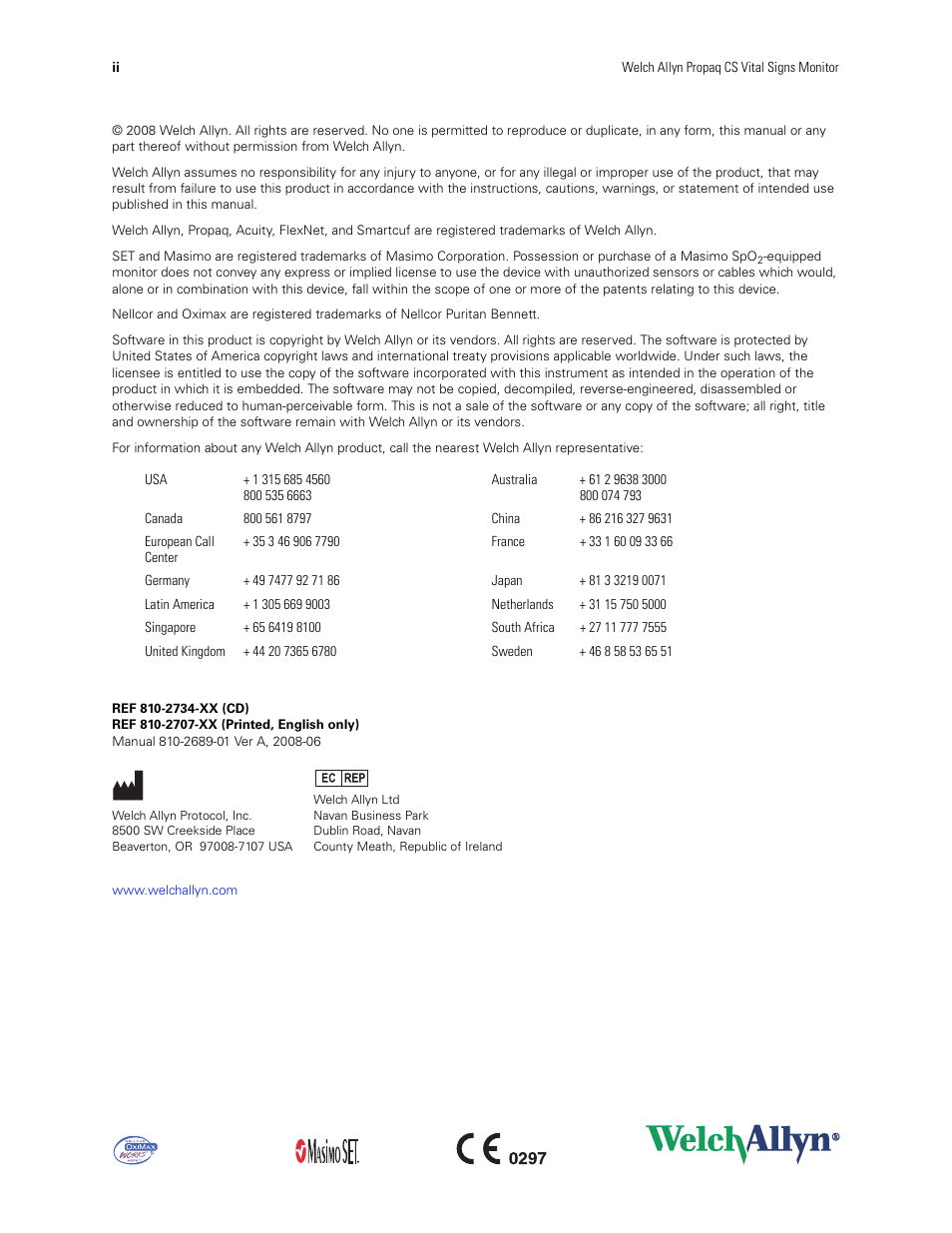 Welch Allyn 246 Propaq CS Vital Signs Monitor v.3.7X - User Manual User Manual | Page 2 / 130