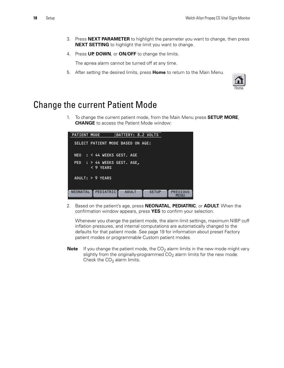 Change the current patient mode | Welch Allyn 246 Propaq CS Vital Signs Monitor v.3.7X - User Manual User Manual | Page 22 / 130