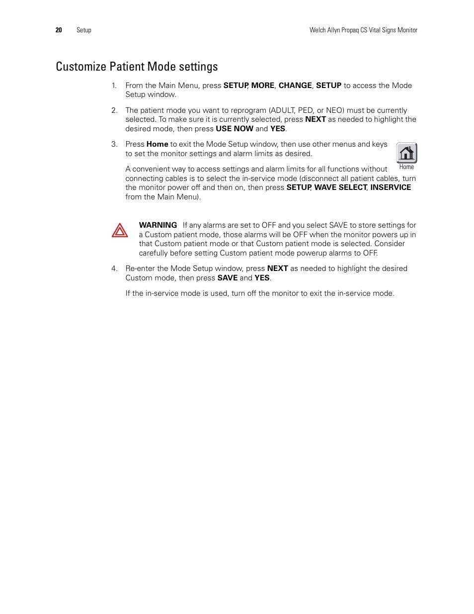 Customize patient mode settings | Welch Allyn 246 Propaq CS Vital Signs Monitor v.3.7X - User Manual User Manual | Page 24 / 130