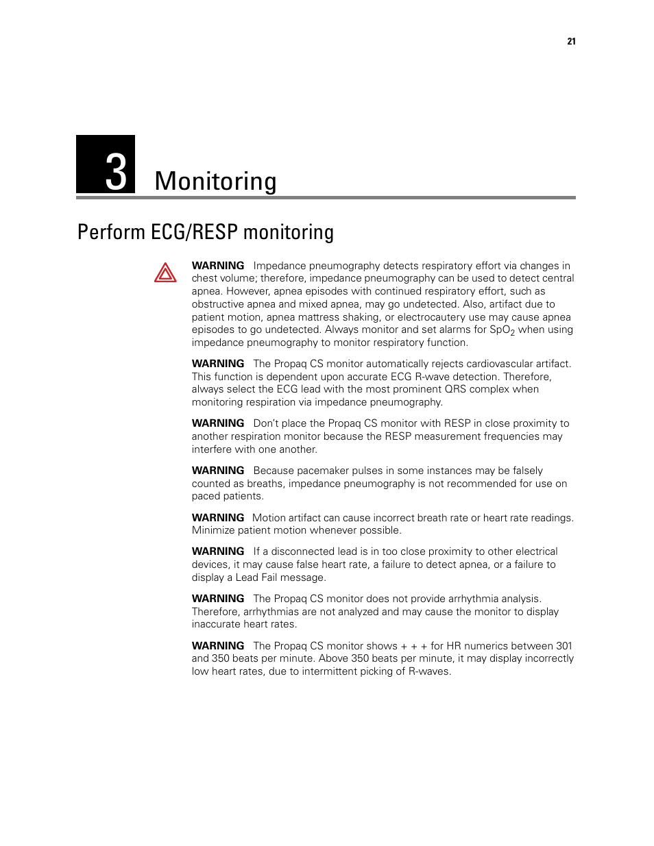 Monitoring, Perform ecg/resp monitoring, 3 - monitoring | Welch Allyn 246 Propaq CS Vital Signs Monitor v.3.7X - User Manual User Manual | Page 25 / 130