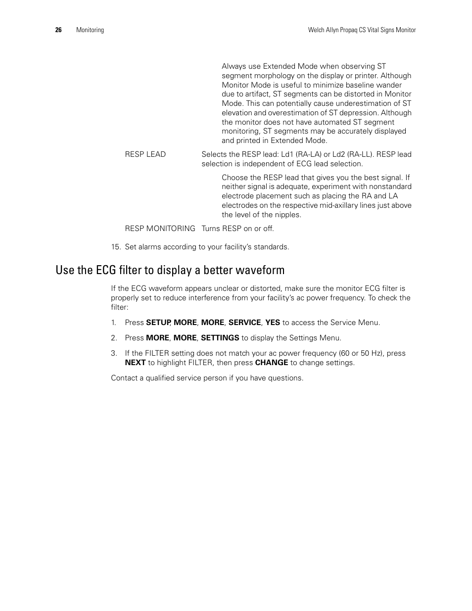 Use the ecg filter to display a better waveform | Welch Allyn 246 Propaq CS Vital Signs Monitor v.3.7X - User Manual User Manual | Page 30 / 130