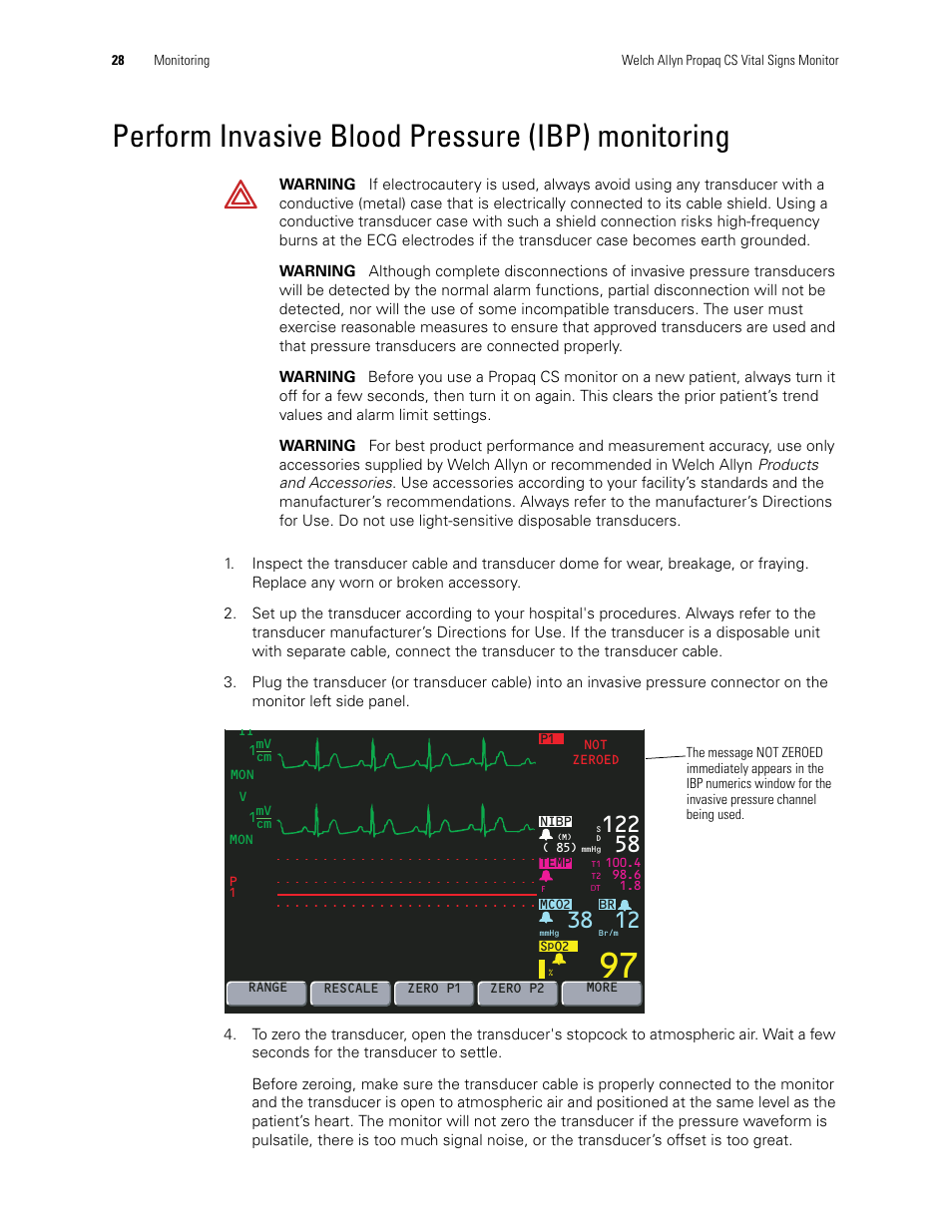 Perform invasive blood pressure (ibp) monitoring | Welch Allyn 246 Propaq CS Vital Signs Monitor v.3.7X - User Manual User Manual | Page 32 / 130