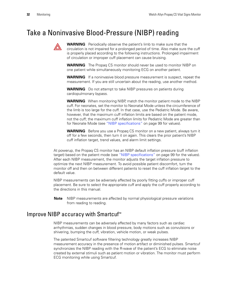 Take a noninvasive blood-pressure (nibp) reading, Improve nibp accuracy with smartcuf | Welch Allyn 246 Propaq CS Vital Signs Monitor v.3.7X - User Manual User Manual | Page 36 / 130