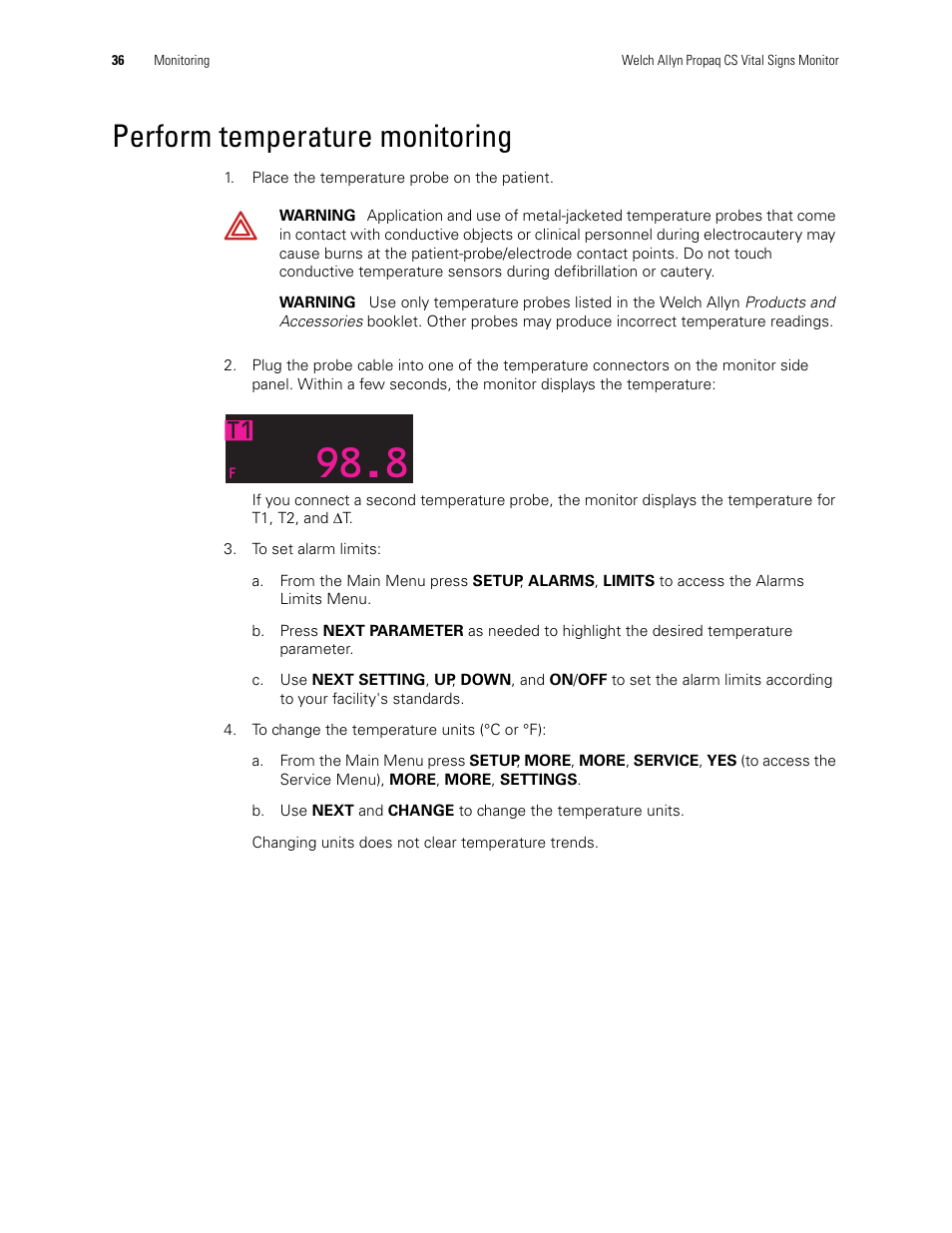 Perform temperature monitoring | Welch Allyn 246 Propaq CS Vital Signs Monitor v.3.7X - User Manual User Manual | Page 40 / 130