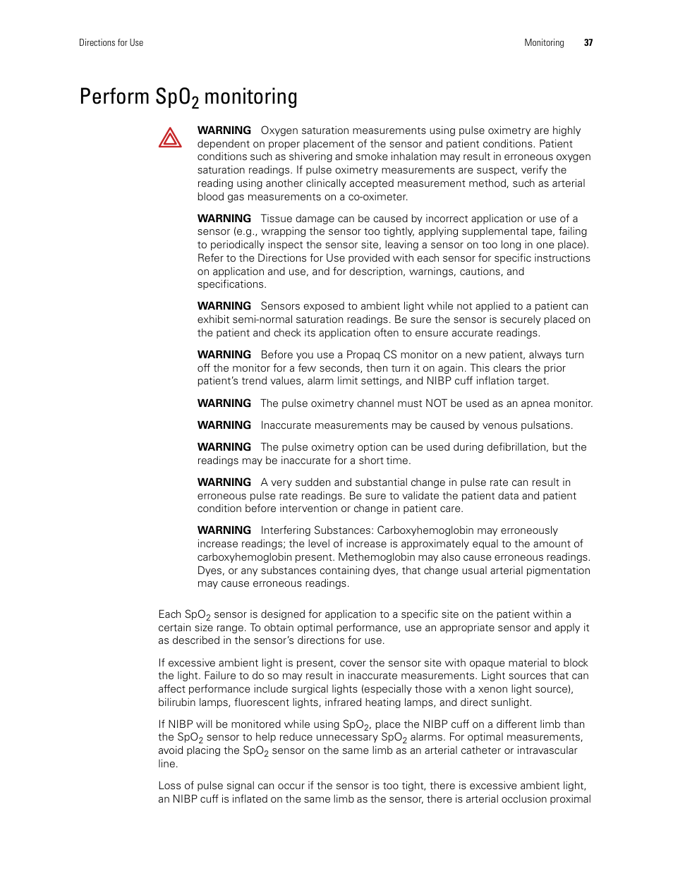 Perform spo2 monitoring, Perform spo, Monitoring | Welch Allyn 246 Propaq CS Vital Signs Monitor v.3.7X - User Manual User Manual | Page 41 / 130