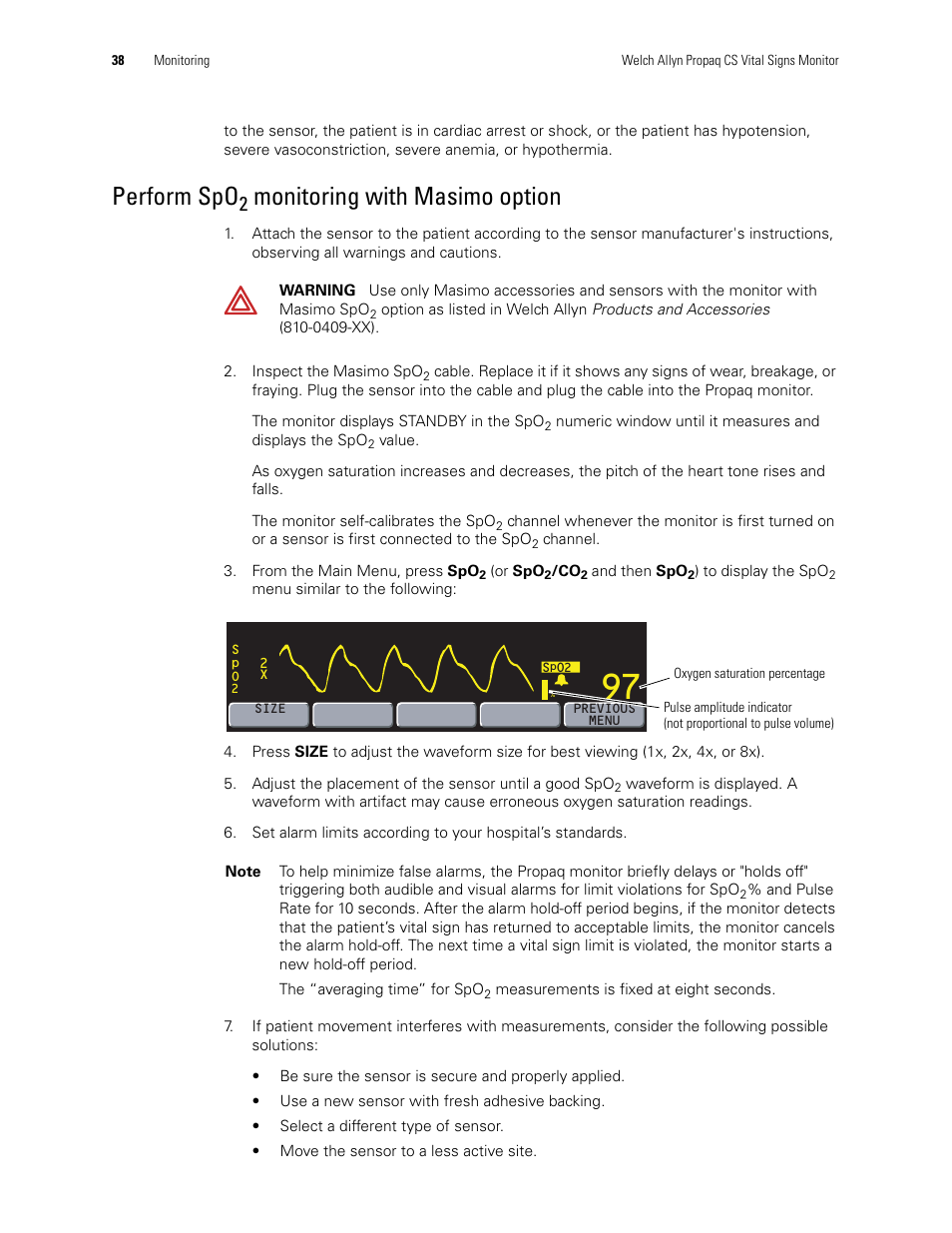 Perform spo, Monitoring with masimo option | Welch Allyn 246 Propaq CS Vital Signs Monitor v.3.7X - User Manual User Manual | Page 42 / 130