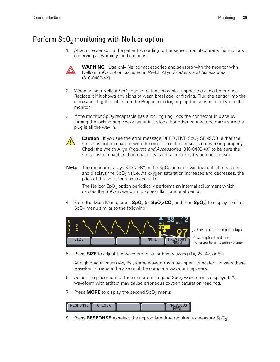 Perform spo, Monitoring with nellcor option | Welch Allyn 246 Propaq CS Vital Signs Monitor v.3.7X - User Manual User Manual | Page 43 / 130