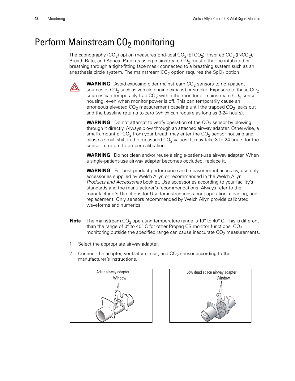 Perform mainstream co2 monitoring, Perform mainstream co, Monitoring | Welch Allyn 246 Propaq CS Vital Signs Monitor v.3.7X - User Manual User Manual | Page 46 / 130