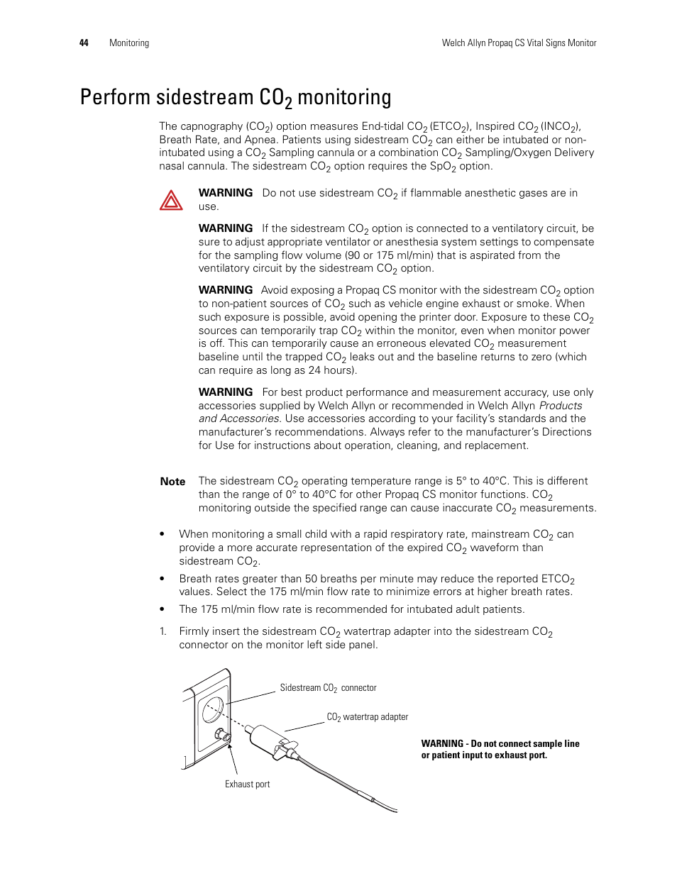 Perform sidestream co2 monitoring, Perform sidestream co, Monitoring | Welch Allyn 246 Propaq CS Vital Signs Monitor v.3.7X - User Manual User Manual | Page 48 / 130