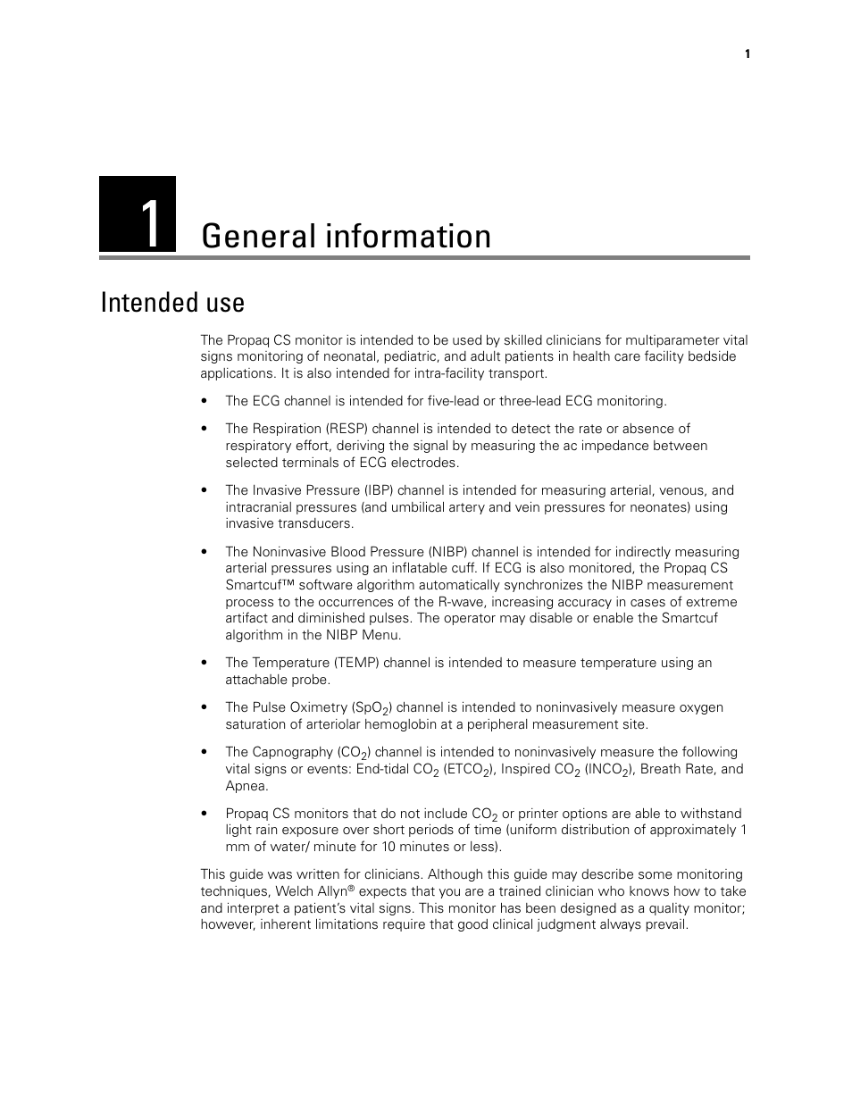 General information, Intended use, 1 - general information | Welch Allyn 246 Propaq CS Vital Signs Monitor v.3.7X - User Manual User Manual | Page 5 / 130
