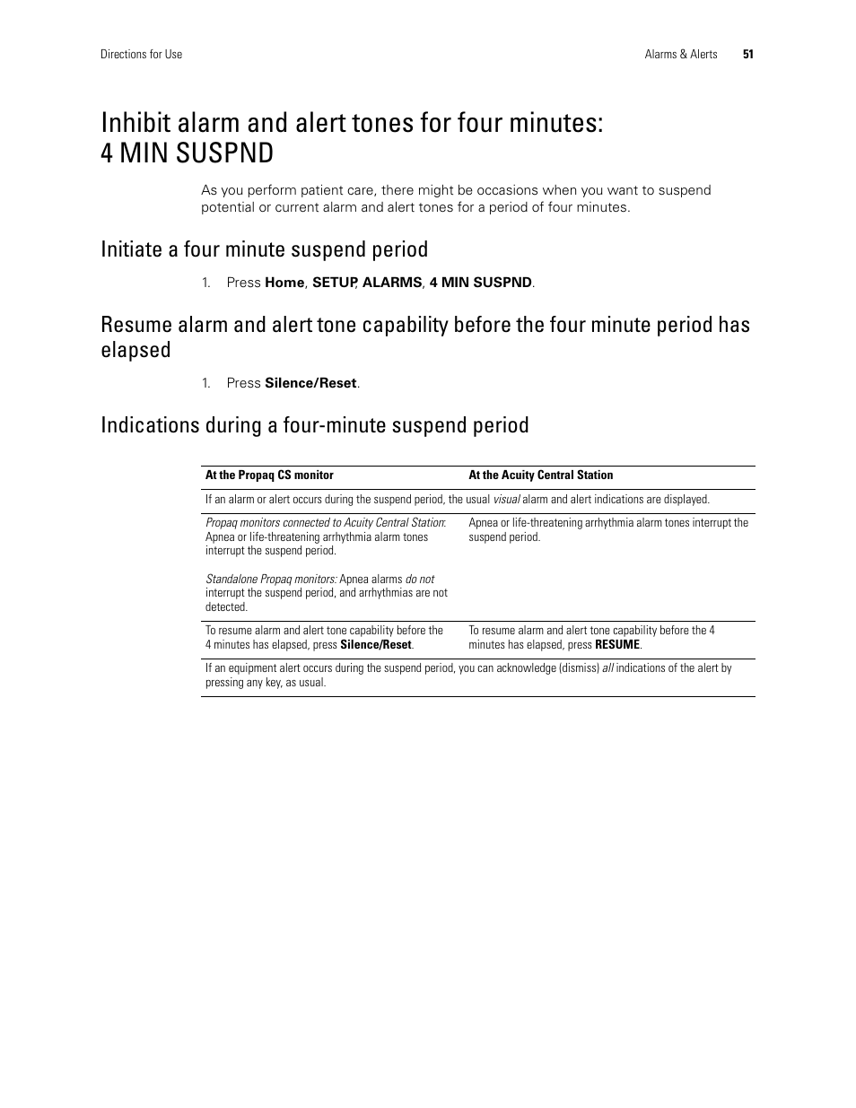 Initiate a four minute suspend period, Indications during a four-minute suspend period | Welch Allyn 246 Propaq CS Vital Signs Monitor v.3.7X - User Manual User Manual | Page 55 / 130