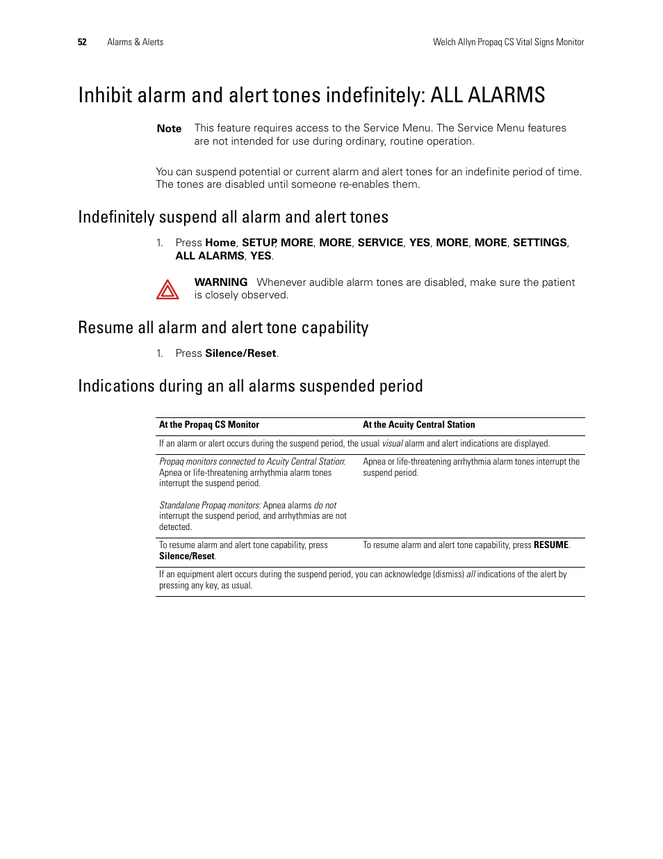 Indefinitely suspend all alarm and alert tones, Resume all alarm and alert tone capability, Indications during an all alarms suspended period | Welch Allyn 246 Propaq CS Vital Signs Monitor v.3.7X - User Manual User Manual | Page 56 / 130