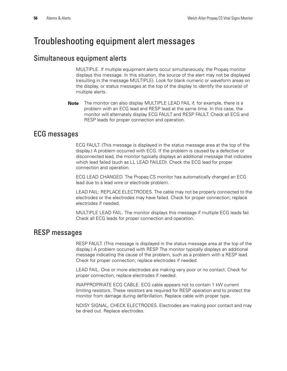Troubleshooting equipment alert messages, Simultaneous equipment alerts, Ecg messages | Resp messages | Welch Allyn 246 Propaq CS Vital Signs Monitor v.3.7X - User Manual User Manual | Page 60 / 130