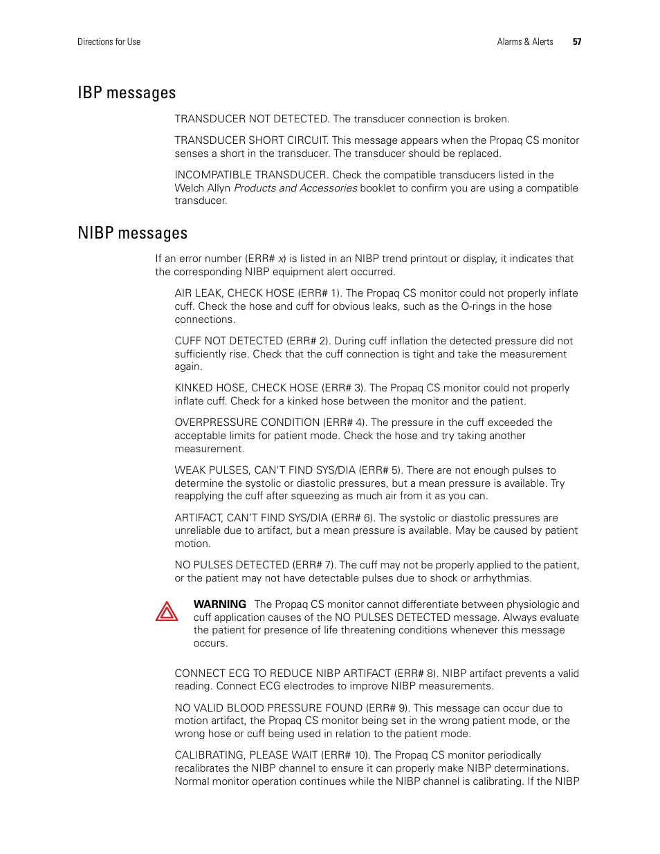 Ibp messages, Nibp messages | Welch Allyn 246 Propaq CS Vital Signs Monitor v.3.7X - User Manual User Manual | Page 61 / 130