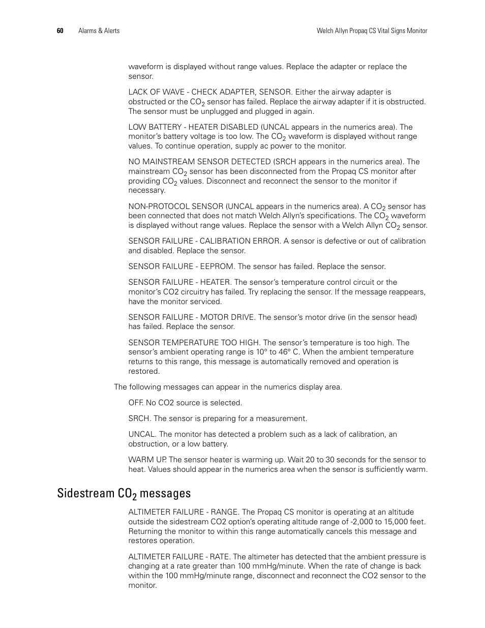Sidestream co, Messages | Welch Allyn 246 Propaq CS Vital Signs Monitor v.3.7X - User Manual User Manual | Page 64 / 130