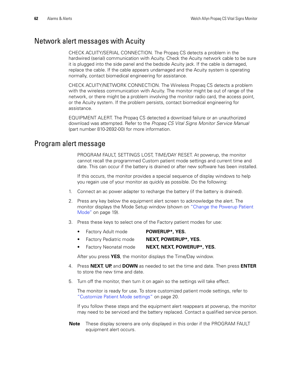 Network alert messages with acuity, Program alert message | Welch Allyn 246 Propaq CS Vital Signs Monitor v.3.7X - User Manual User Manual | Page 66 / 130