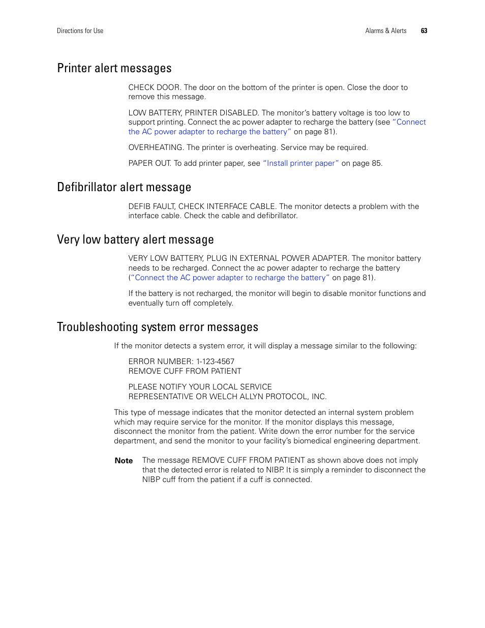 Troubleshooting system error messages, Printer alert messages, Defibrillator alert message | Very low battery alert message | Welch Allyn 246 Propaq CS Vital Signs Monitor v.3.7X - User Manual User Manual | Page 67 / 130