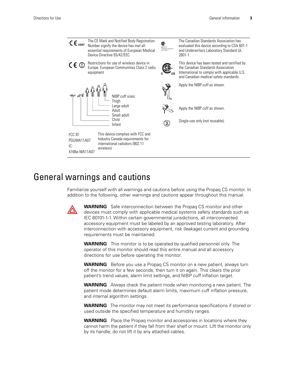 General warnings and cautions | Welch Allyn 246 Propaq CS Vital Signs Monitor v.3.7X - User Manual User Manual | Page 7 / 130