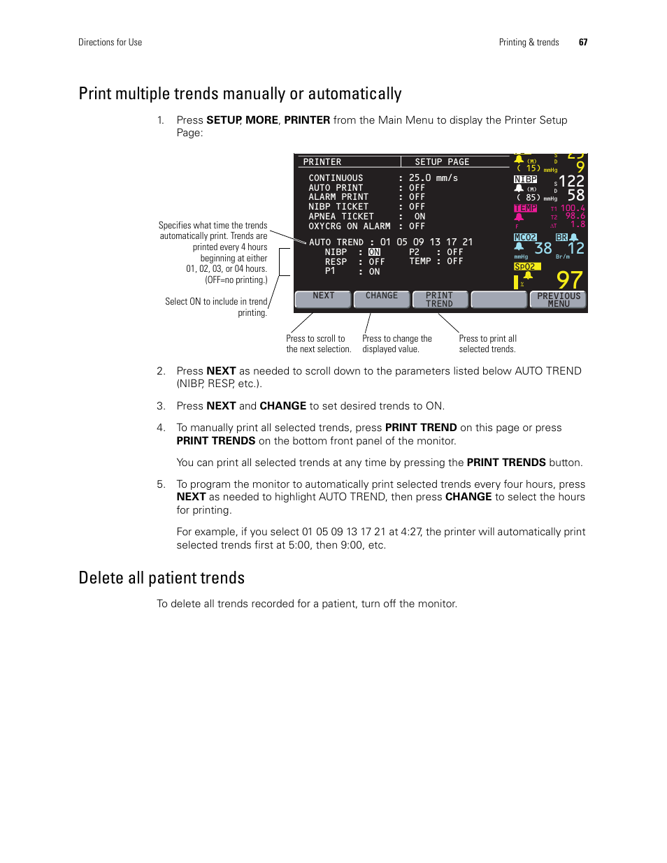 Print multiple trends manually or automatically, Delete all patient trends | Welch Allyn 246 Propaq CS Vital Signs Monitor v.3.7X - User Manual User Manual | Page 71 / 130