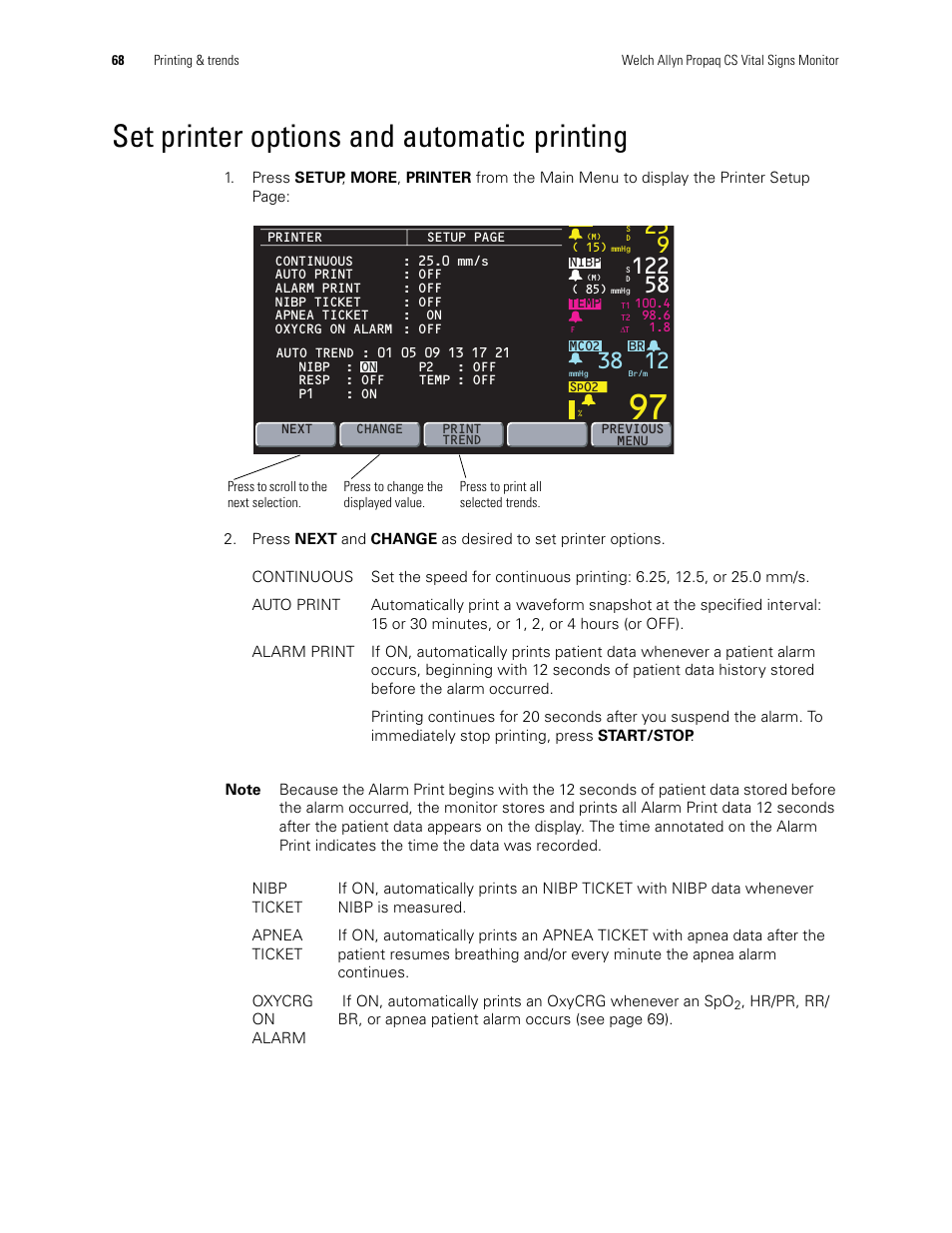 Set printer options and automatic printing | Welch Allyn 246 Propaq CS Vital Signs Monitor v.3.7X - User Manual User Manual | Page 72 / 130