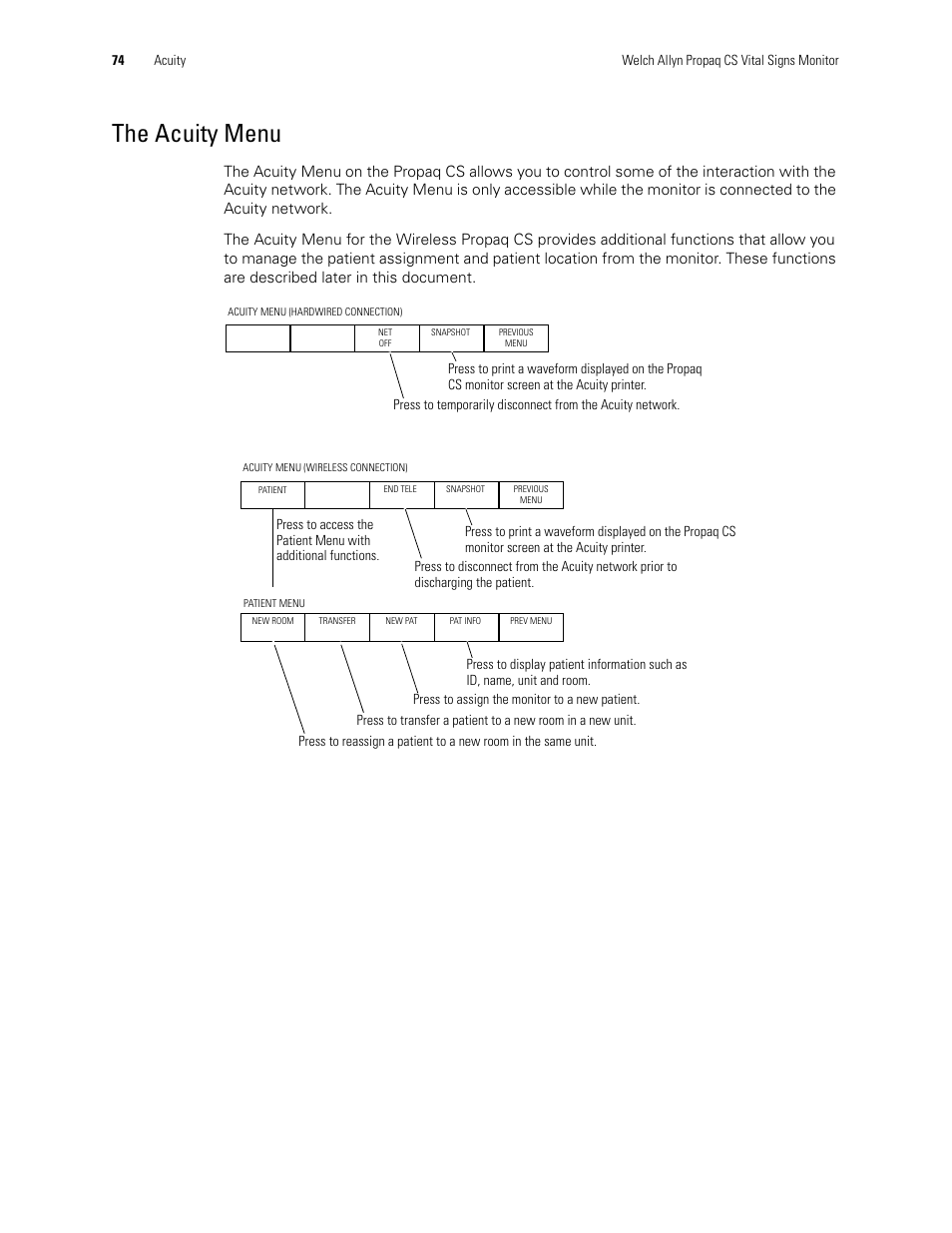 The acuity menu | Welch Allyn 246 Propaq CS Vital Signs Monitor v.3.7X - User Manual User Manual | Page 78 / 130