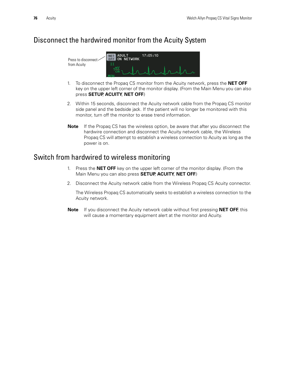 Switch from hardwired to wireless monitoring | Welch Allyn 246 Propaq CS Vital Signs Monitor v.3.7X - User Manual User Manual | Page 80 / 130