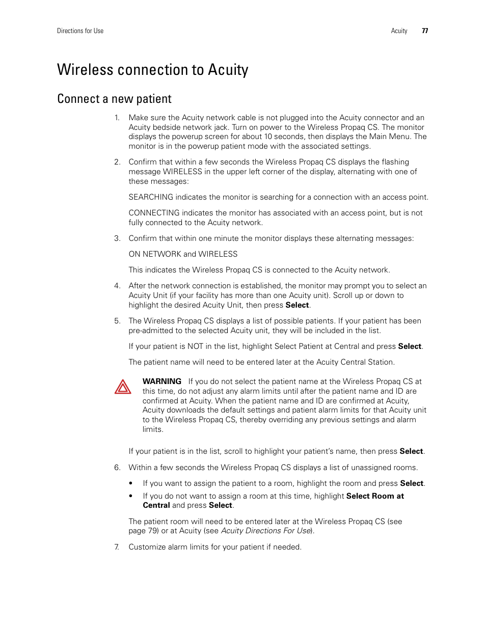 Wireless connection to acuity, Connect a new patient | Welch Allyn 246 Propaq CS Vital Signs Monitor v.3.7X - User Manual User Manual | Page 81 / 130